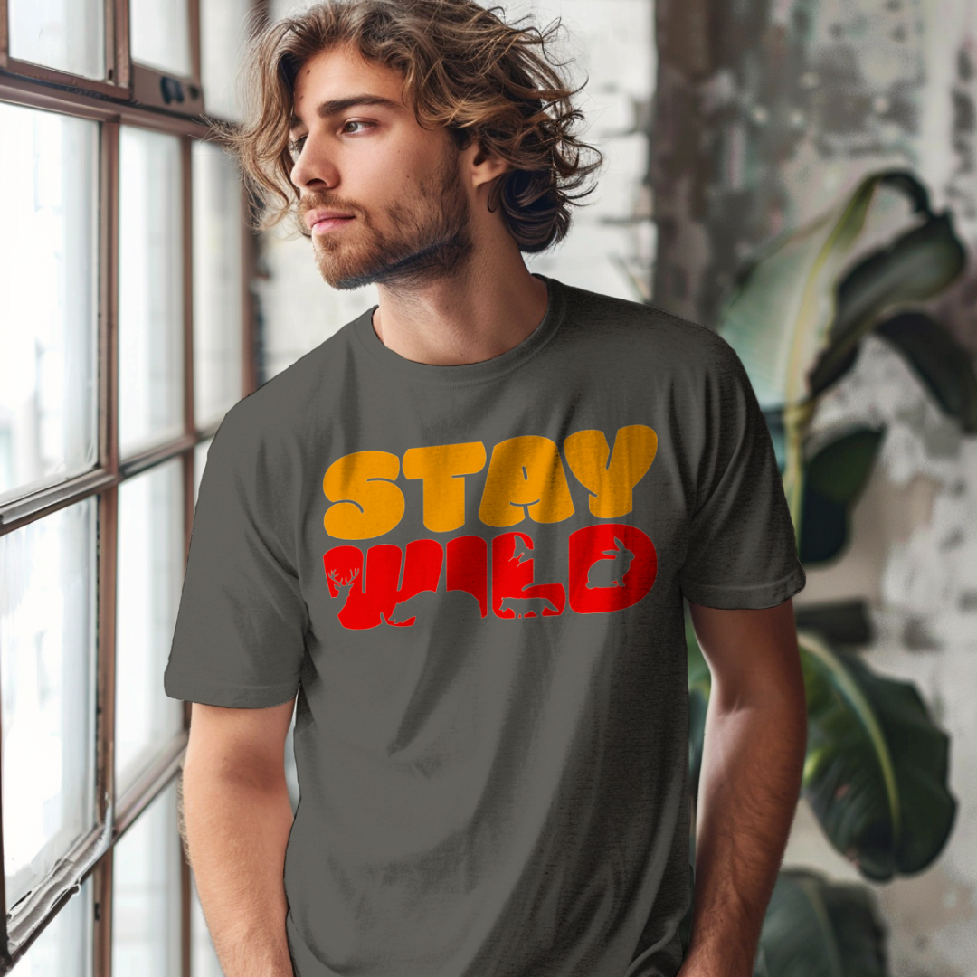 Stay Wild men's cotton t-shirt in charcoal with an animal themed graphic print and Stay Wild message