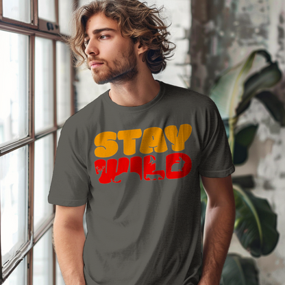 Stay Wild men's cotton t-shirt in charcoal with an animal themed graphic print and Stay Wild message