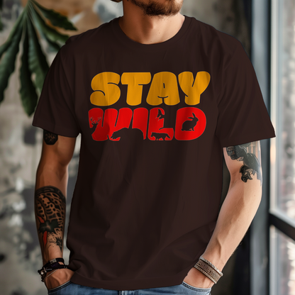 Stay Wild men's cotton t-shirt in coffee brown featuring a wildlife inspired graphic illustration