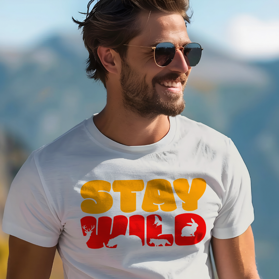 Stay Wild men's cotton t-shirt in grey melange with an animal and wildlife graphic print
