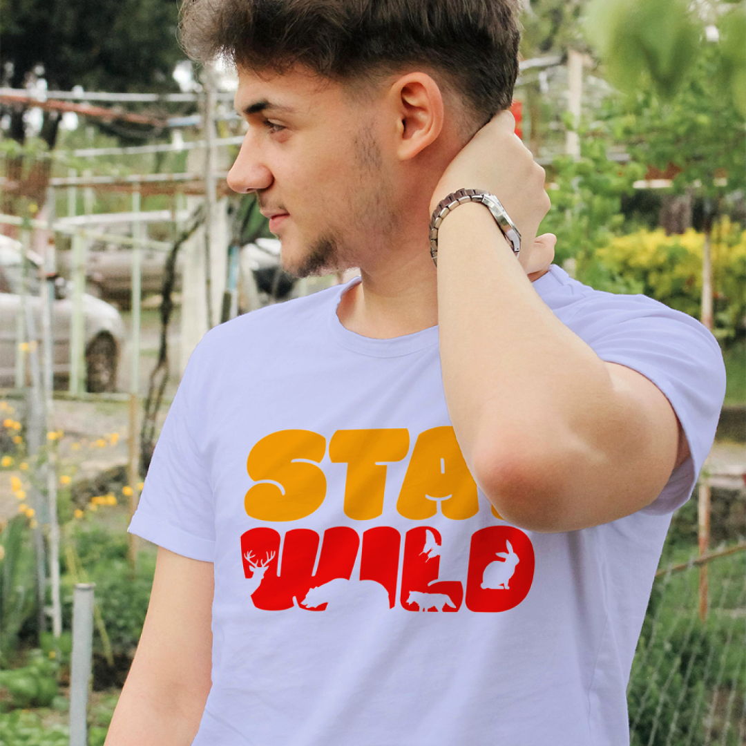 Stay Wild men's cotton t-shirt in lavender with an animal and wildlife graphic artwork