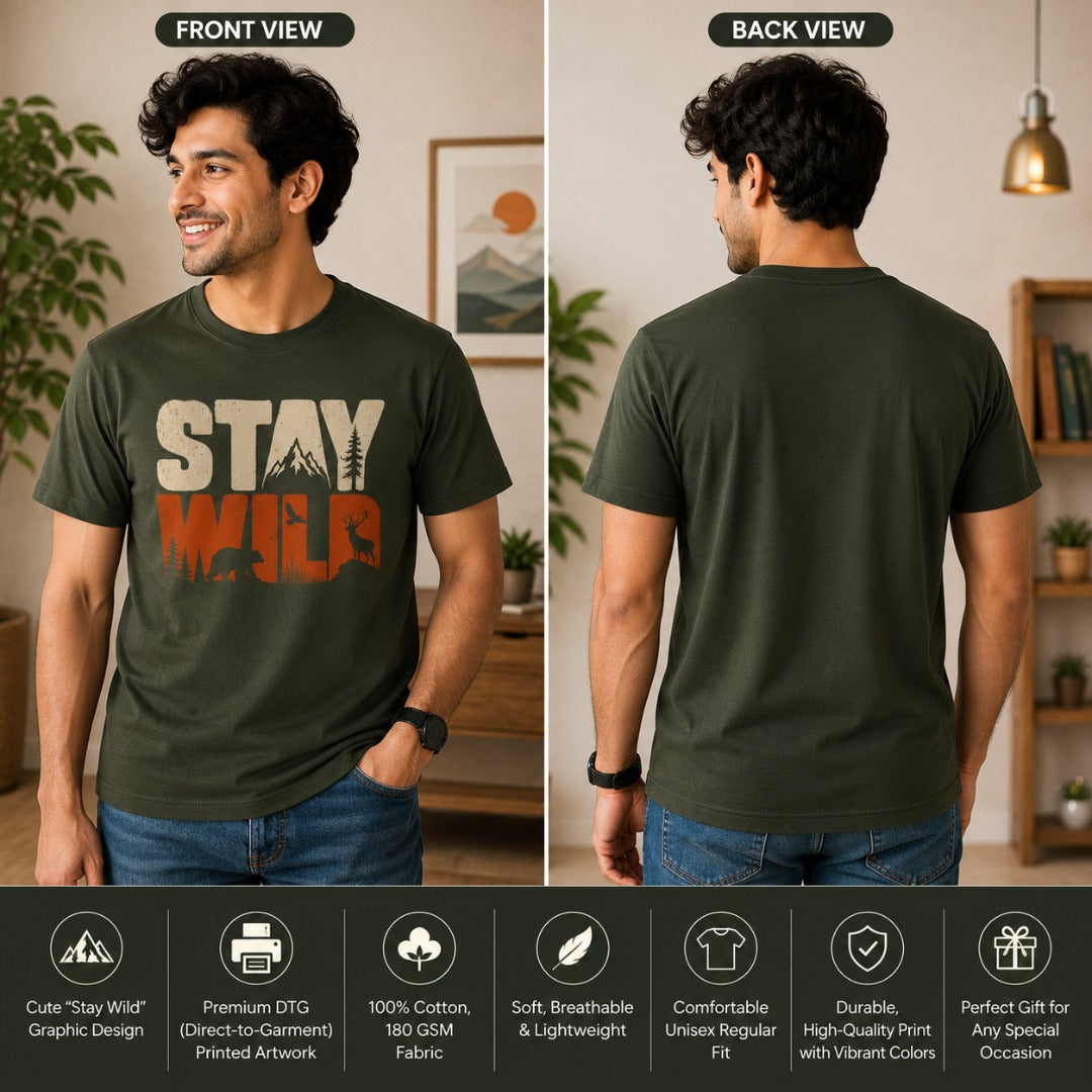 Front and back view of a men's olive green cotton T-shirt featuring a Stay Wild mountain wildlife graphic with bear, deer, bird, pine trees, and mountain silhouettes, showcasing the regular fit and premium 180 GSM cotton fabric.