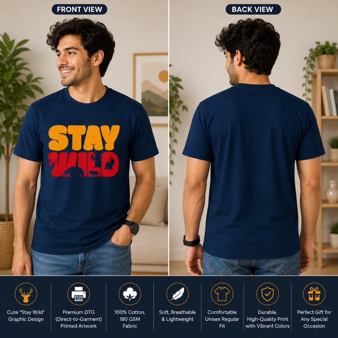 Front and back view of a men's petrol blue cotton T-shirt featuring a Stay Wild mountain wildlife graphic with bear, deer, bird, and forest silhouettes, showcasing the regular fit and premium 180 GSM cotton fabric.