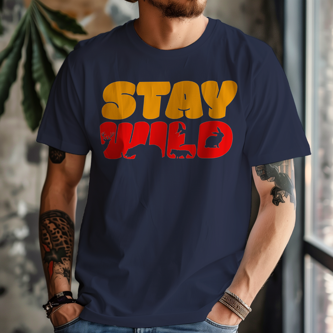 Stay Wild men's cotton t-shirt in navy blue with an animal and wildlife inspired graphic print