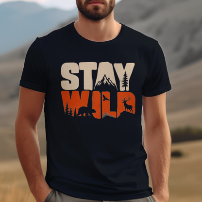 Stay Wild men's cotton t-shirt in navy blue featuring a wildlife-inspired graphic design
