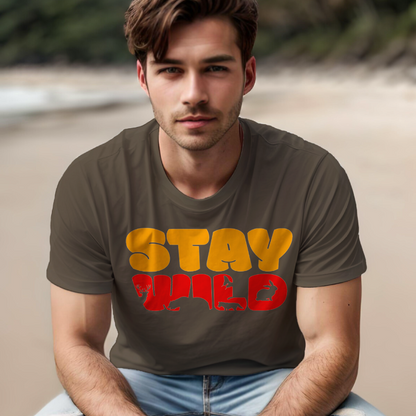 Stay Wild men's cotton t-shirt in olive green featuring a wildlife inspired graphic print