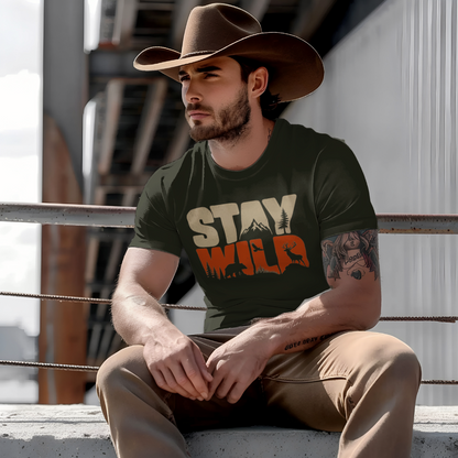 Stay Wild men's cotton t-shirt in olive green featuring a wildlife-inspired graphic design