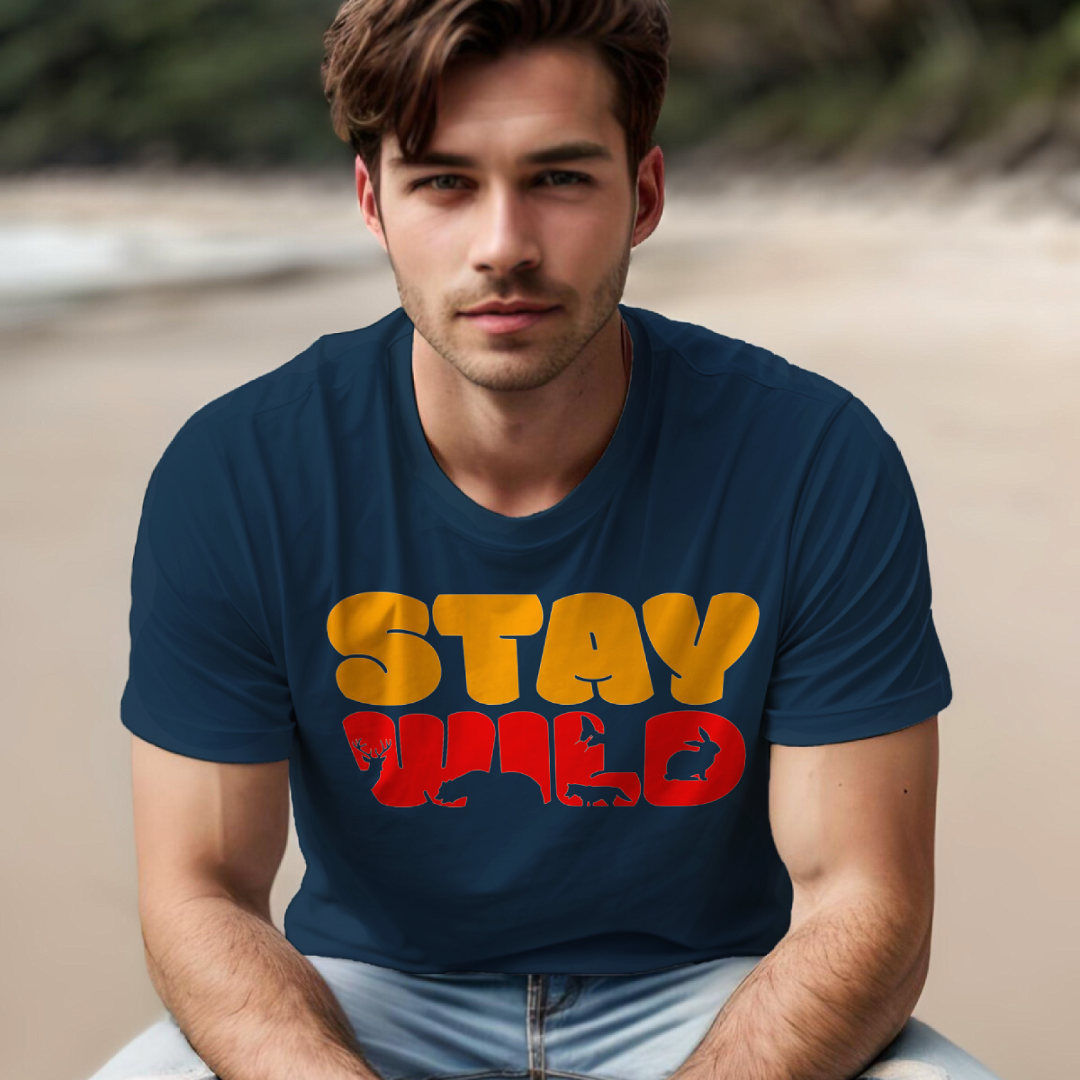 Stay Wild men's cotton t-shirt in petrol blue featuring a wildlife graphic design