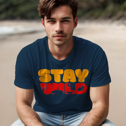 Stay Wild men's cotton t-shirt in petrol blue featuring a wildlife graphic design