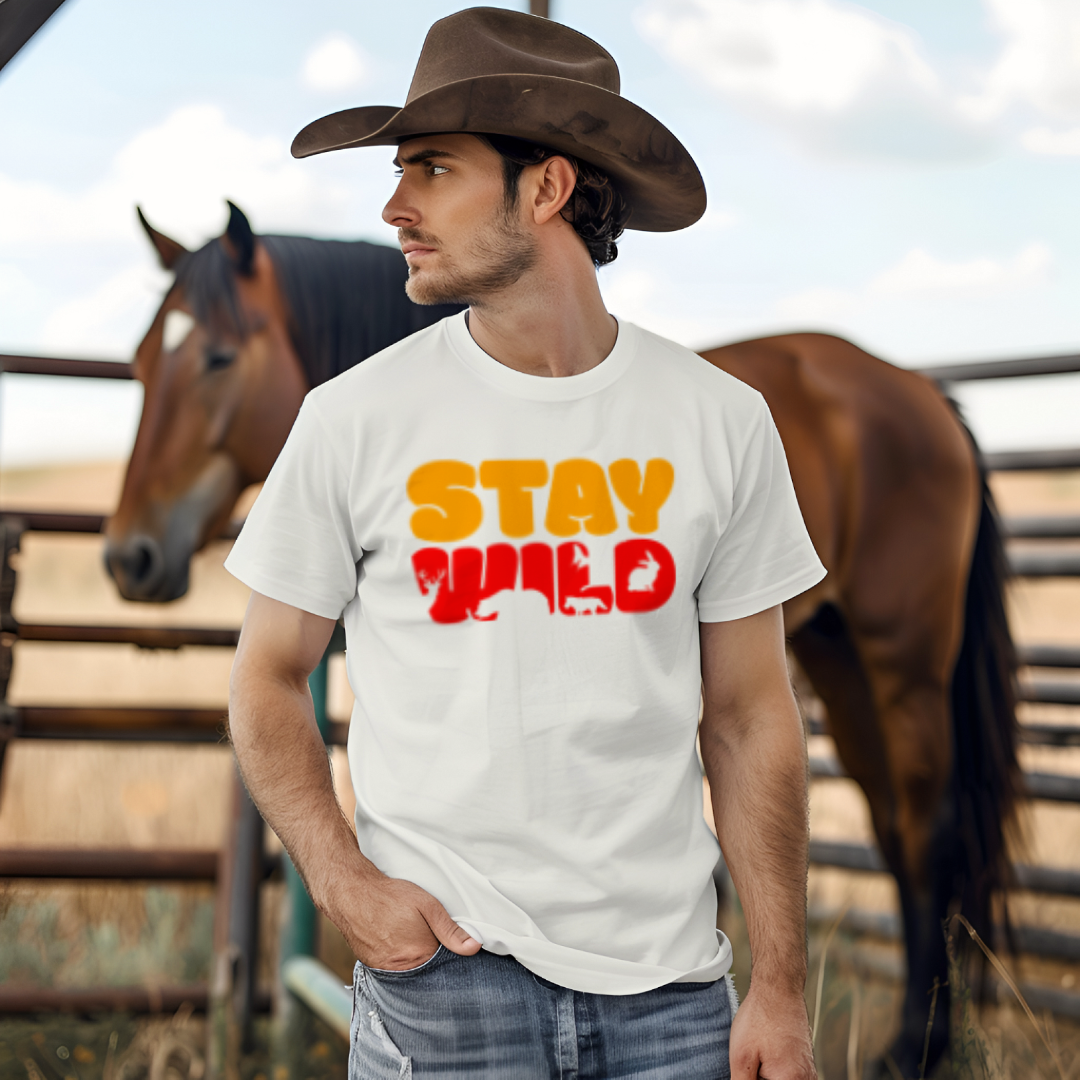 Stay Wild men's cotton t-shirt in white featuring a wildlife themed graphic design