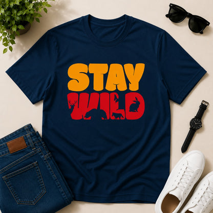 Men's petrol blue cotton T-shirt featuring a Stay Wild graphic with bear, deer, fox, rabbit, and bird silhouettes in a vintage wildlife design.