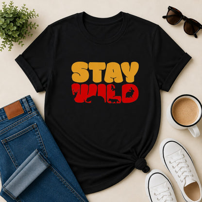 Women's black cotton T-shirt featuring a Stay Wild graphic with deer, bear, fox, rabbit, and bird silhouettes in a vintage outdoor design.