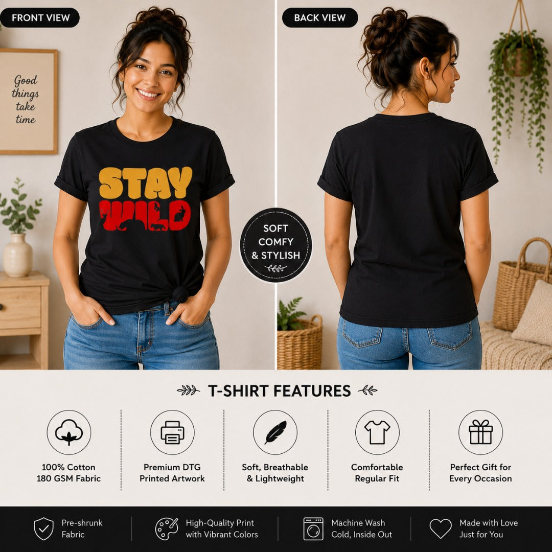 Back and front view of women's black cotton T-shirt featuring a Stay Wild graphic with deer, bear, fox, rabbit, and bird silhouettes in a vintage outdoor design.