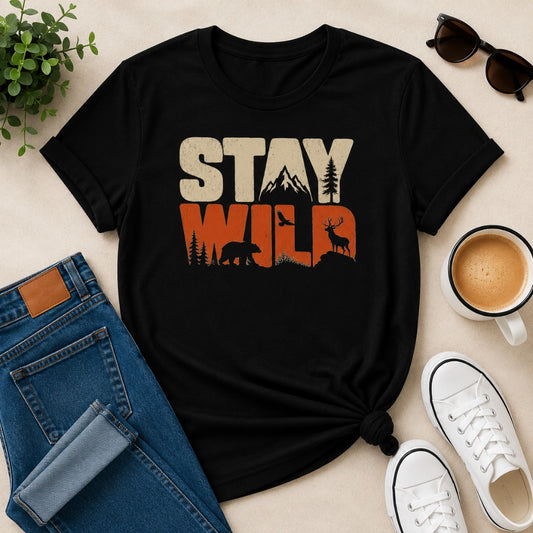 Women's black cotton T-shirt featuring a vintage Stay Wild wildlife graphic with mountains, bear, deer, pine trees, and birds.