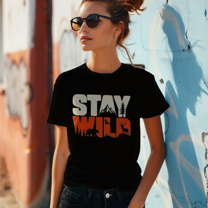 Stay Wild women's cotton t-shirt in black featuring a wildlife-inspired graphic design