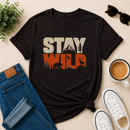 Women's coffee brown cotton T-shirt featuring a vintage Stay Wild wildlife graphic with mountains, bear, deer, pine trees, and birds.