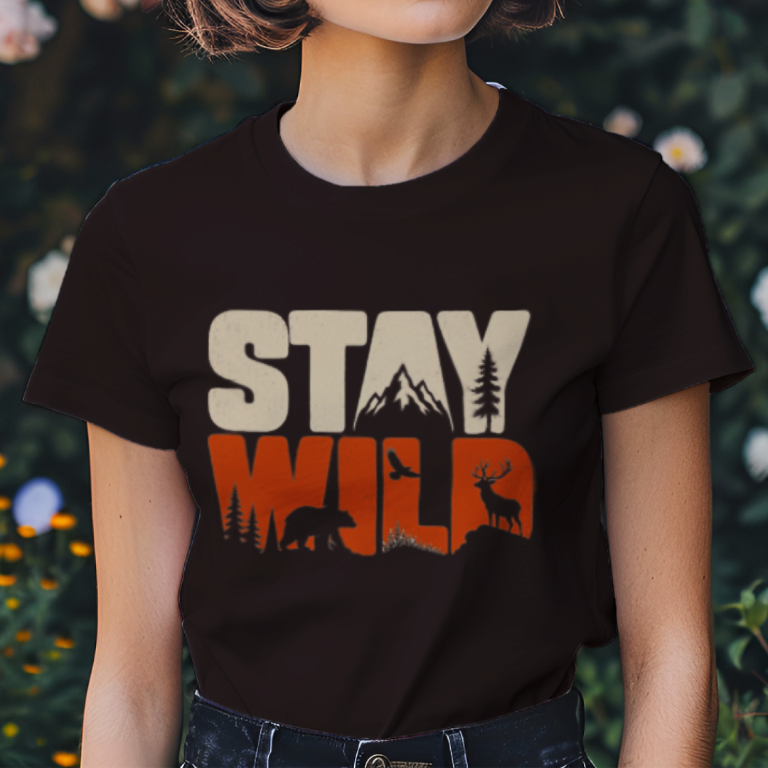 Stay Wild women's cotton t-shirt in coffee brown featuring a wildlife-inspired graphic design