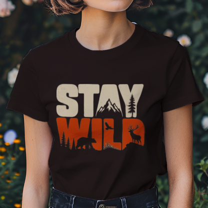 Stay Wild women's cotton t-shirt in coffee brown featuring a wildlife-inspired graphic design