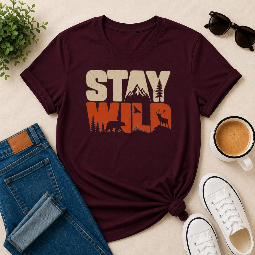 Women's maroon cotton T-shirt featuring a vintage Stay Wild wildlife graphic with mountains, bear, deer, pine trees, and birds.