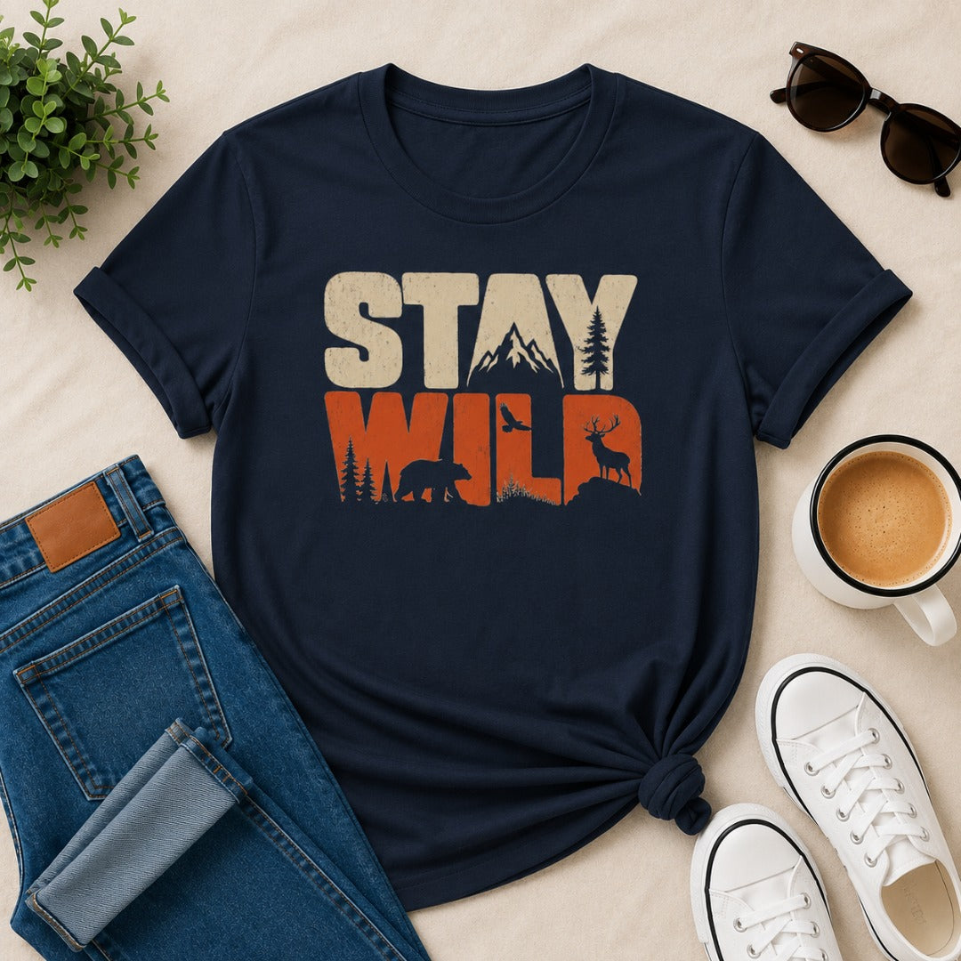Women's navy blue cotton T-shirt featuring a vintage Stay Wild wildlife graphic with mountains, bear, deer, pine trees, and birds.