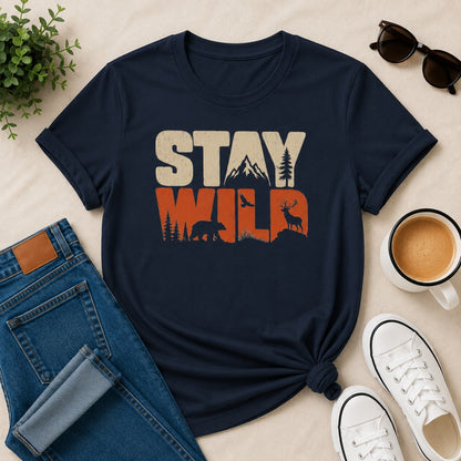 Women's navy blue cotton T-shirt featuring a vintage Stay Wild wildlife graphic with mountains, bear, deer, pine trees, and birds.