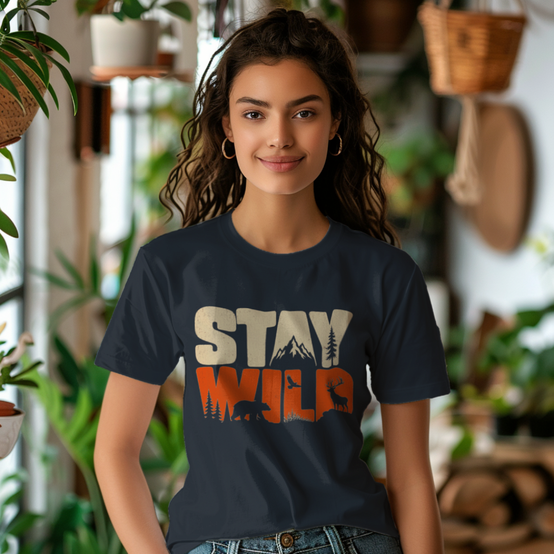 Stay Wild women's cotton t-shirt in nevy blue featuring a wildlife-inspired graphic design