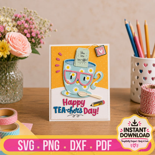 Tea-riffic Teacher's Day card digital download with teacup design for teacher appreciation