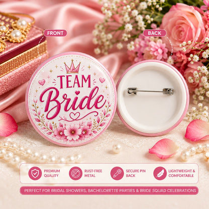 Team Bride Wedding Badge front and back view with floral bridal squad design and pin-back closure