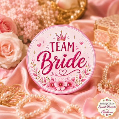 Team Bride wedding badge with pink floral design for bridal party celebrations