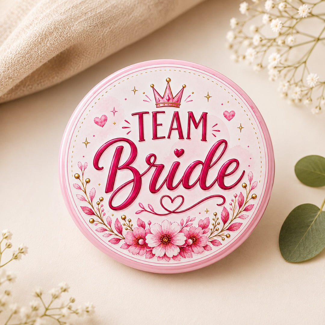 Team Bride Wedding Badge with elegant pink floral design for bride side wedding celebrations.