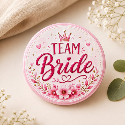 Team Bride Wedding Badge with elegant pink floral design for bride side wedding celebrations.