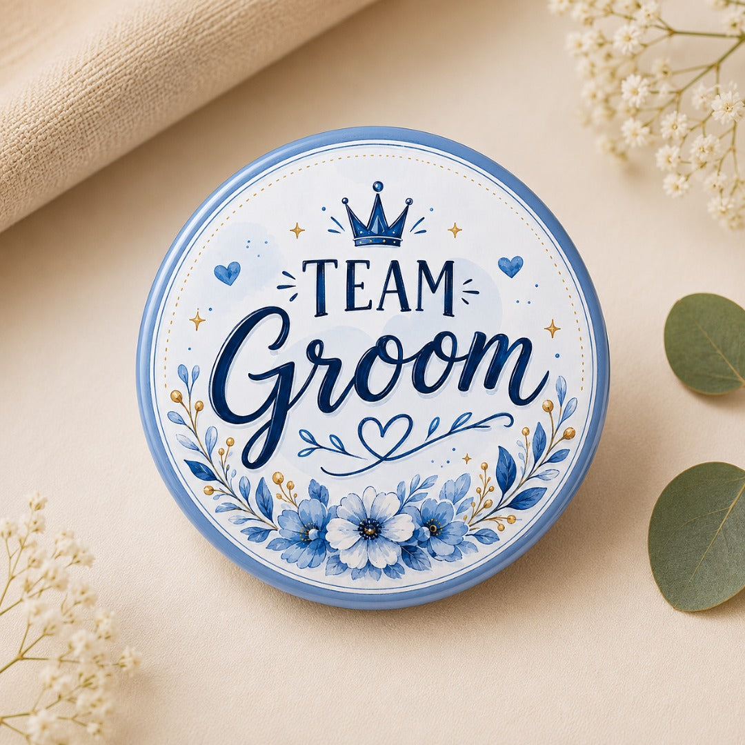 Team Groom Wedding Badge with elegant blue floral design for groom side wedding celebrations
