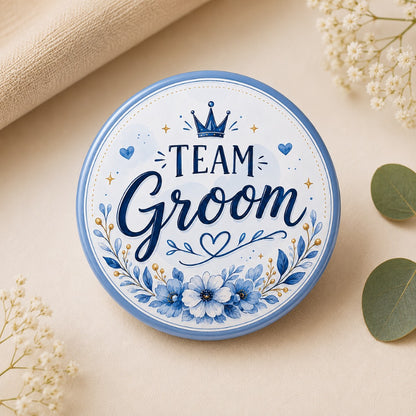 Team Groom Wedding Badge with elegant blue floral design for groom side wedding celebrations