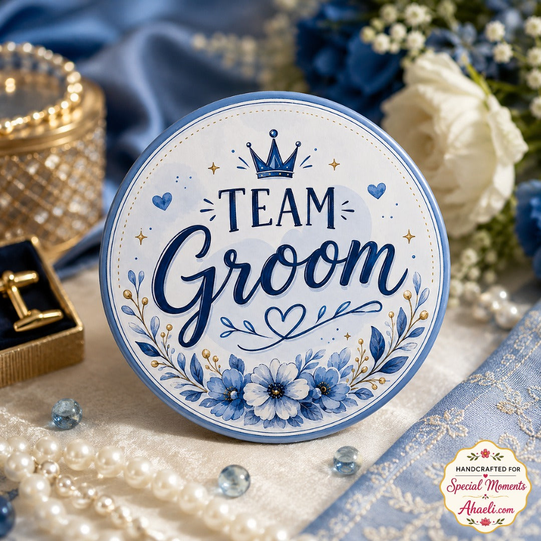 Team Groom wedding badge with blue floral design for groom squad and wedding celebrations