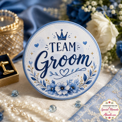 Team Groom wedding badge with blue floral design for groom squad and wedding celebrations