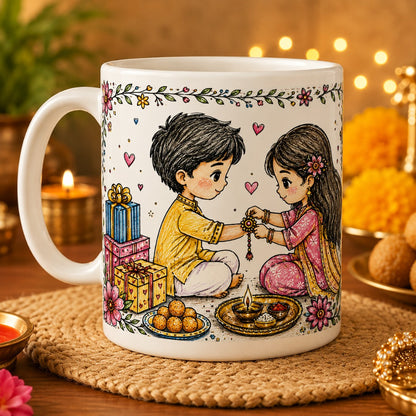 Thread of Love Raksha Bandhan Mug featuring brother and sister festive illustration and rakhi celebration artwork
