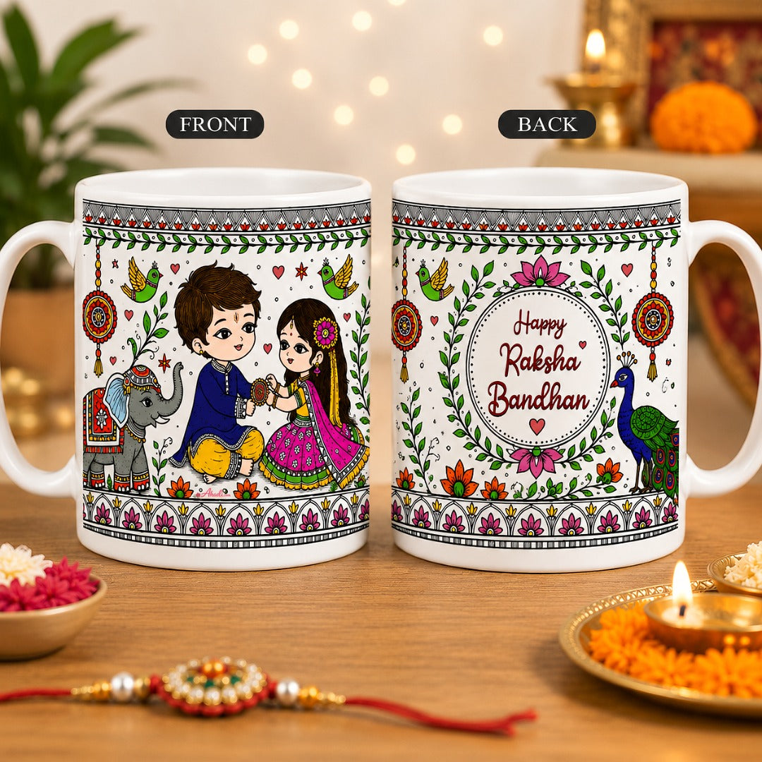 Front and back view of Threads of Tradition Raksha Bandhan mug with Indian folk art inspired sibling illustration