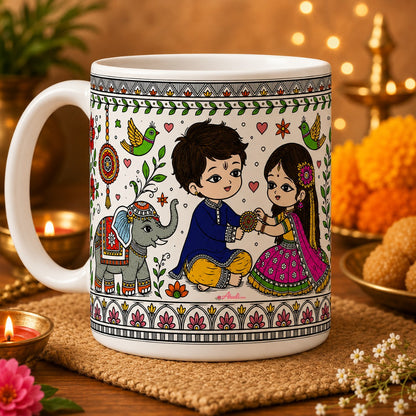 Threads of Tradition Raksha Bandhan ceramic mug featuring traditional brother and sister festive artwork