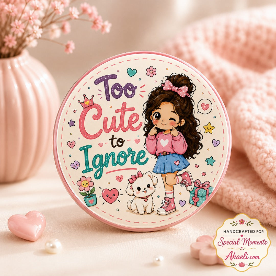 Too Cute to Ignore kawaii girl badge featuring a cute cartoon girl with puppy on a premium glossy 58mm round metal pin button.