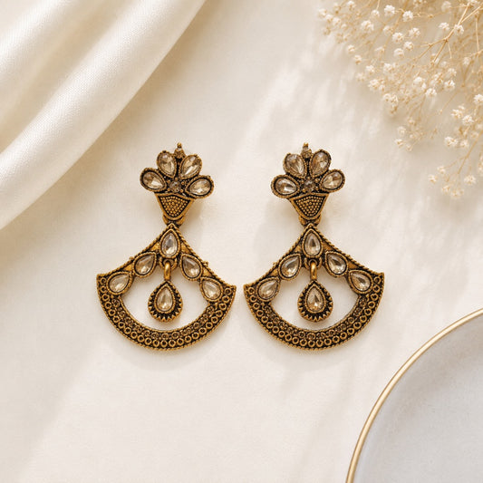 Traditional antique gold crystal fan drop earrings for women with vintage finish and sparkling crystal accents