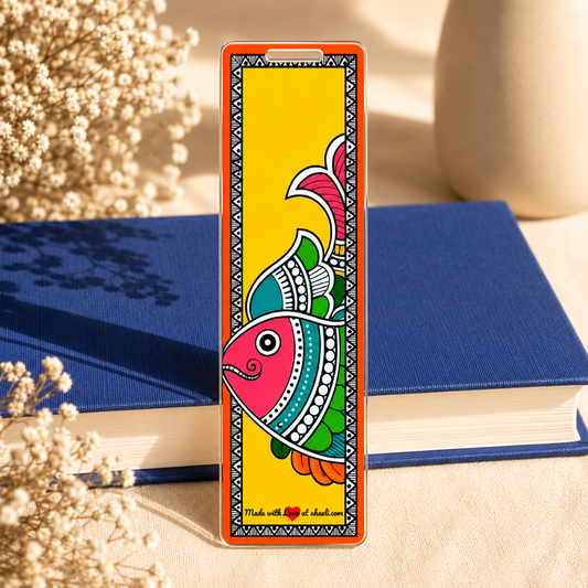 Traditional Madhubani Fish Acrylic Bookmark featuring colorful Mithila folk art design, handmade-inspired Indian art bookmark for book lovers and unique gifting.