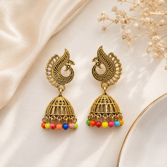 Traditional peacock beaded jhumka earrings for women in antique gold with colorful bead detailing