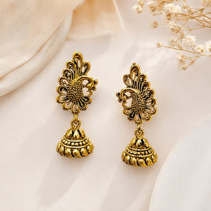 Traditional peacock floral jhumka earrings for women in antique gold finish