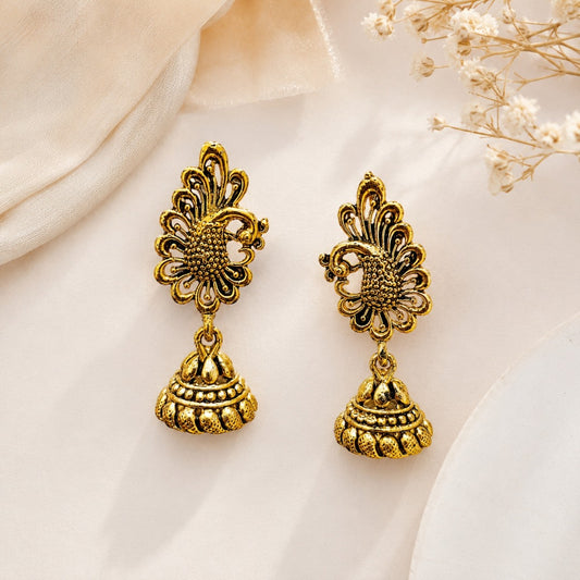 Traditional peacock floral jhumka earrings for women in antique gold finish