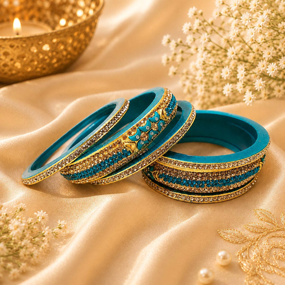 Turquoise blue traditional 6 bangle set for women with stone work and gold detailing, perfect for weddings, festivals, parties, and bridal wear.