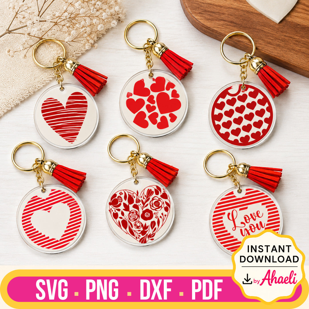 Valentine's Heart Keychain Craft Bundle featuring six red heart designs for acrylic keychains, including striped hearts, floral heart, heart pattern, and love quote. SVG, PNG, DXF & PDF digital files.
