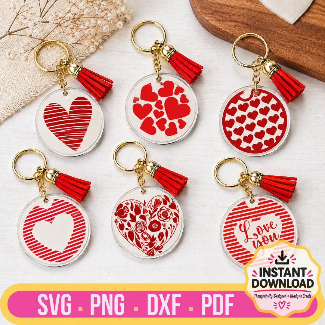 Valentine's Heart Keychain Craft Bundle featuring six red heart designs for acrylic keychains, including striped hearts, floral heart, heart pattern, and love quote. SVG, PNG, DXF & PDF digital files.
