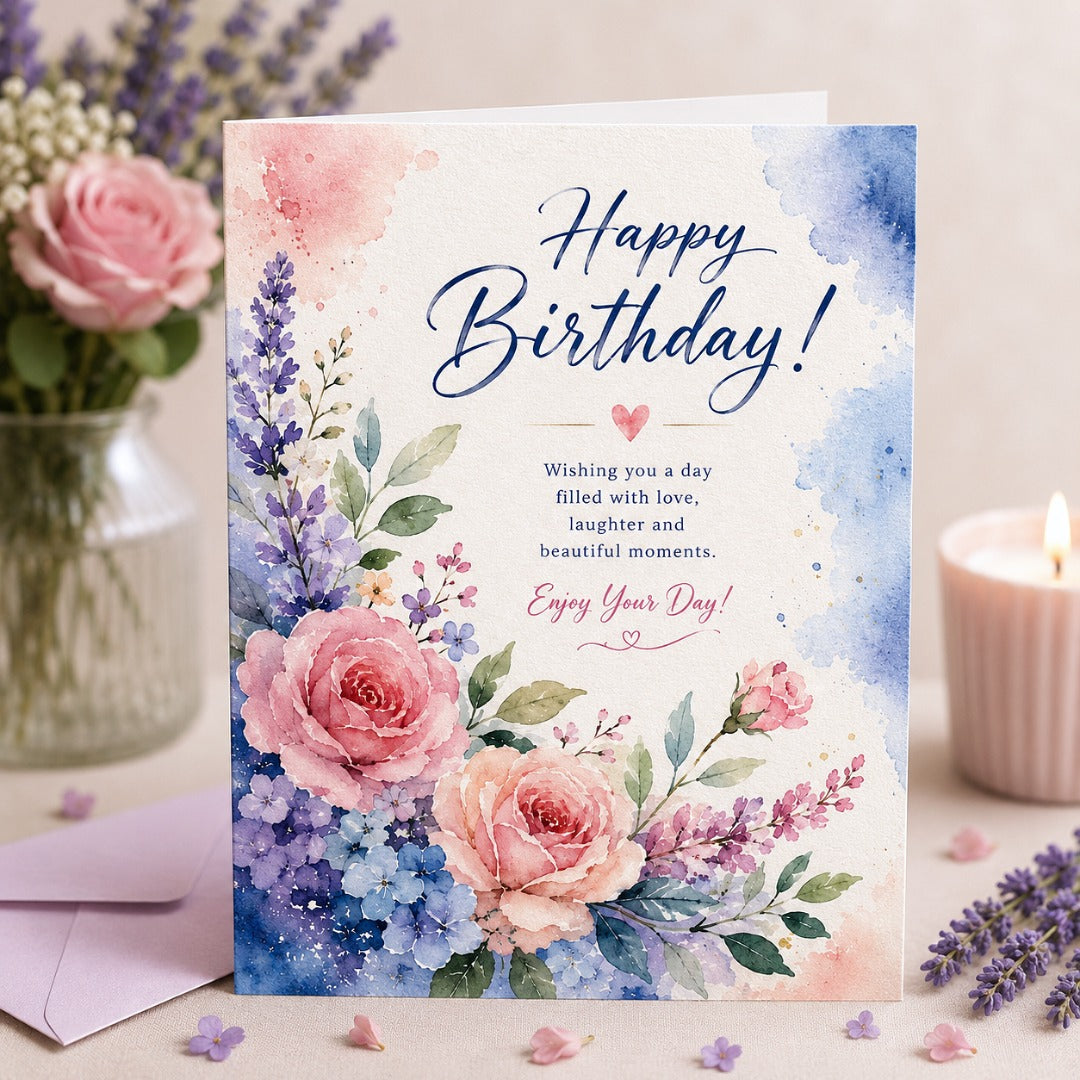 Watercolor Garden Birthday Greeting Card featuring pink roses, blue hydrangeas and lavender flowers