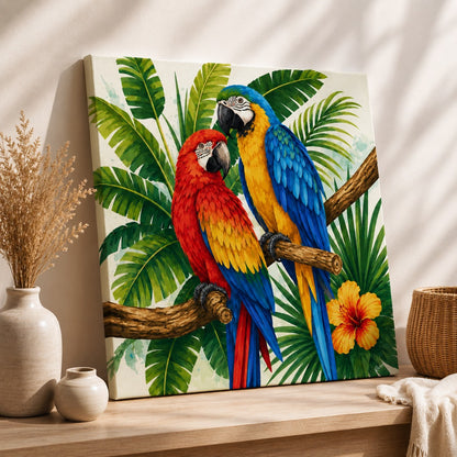 Colorful macaw parrot canvas painting with two tropical birds surrounded by lush green leaves and hibiscus flowers