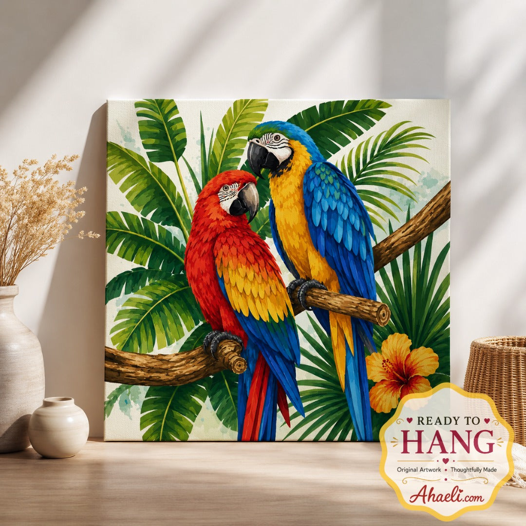 Wings of Paradise painting featuring two colorful macaws surrounded by tropical foliage